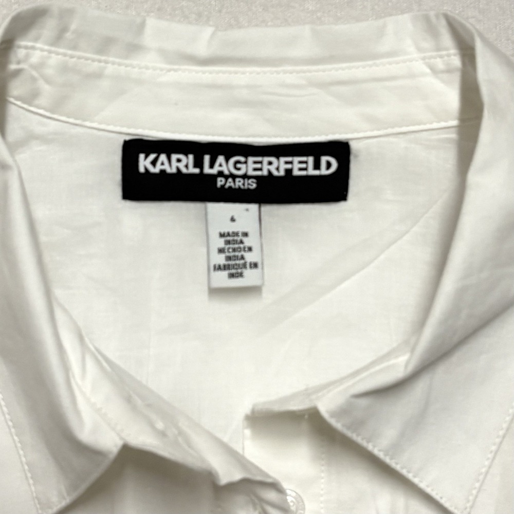 NWT KARL LAGERFELD PARIS Tie-waist Paris Border Dress, White Multi, 6, $169 - Picture 4 of 14